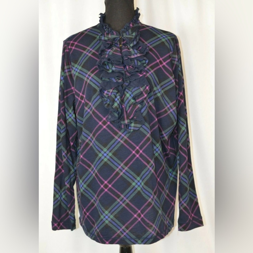 Ralph Lauren Jeans Co. Navy Plaid Blouse Tartan Pattern w Ruffled Neckline 1X